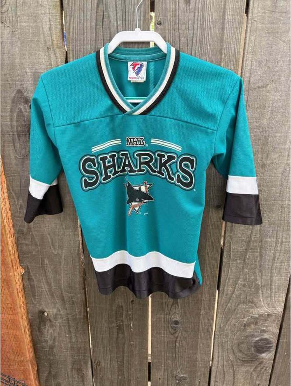 Vintage 90s San Jose Sharks Youth Jersey Shirt Team Rated NHL Kids 10/12